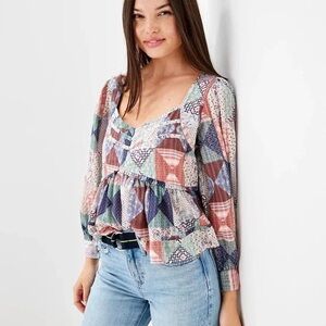 American Eagle Babydoll Patchwork Blouse